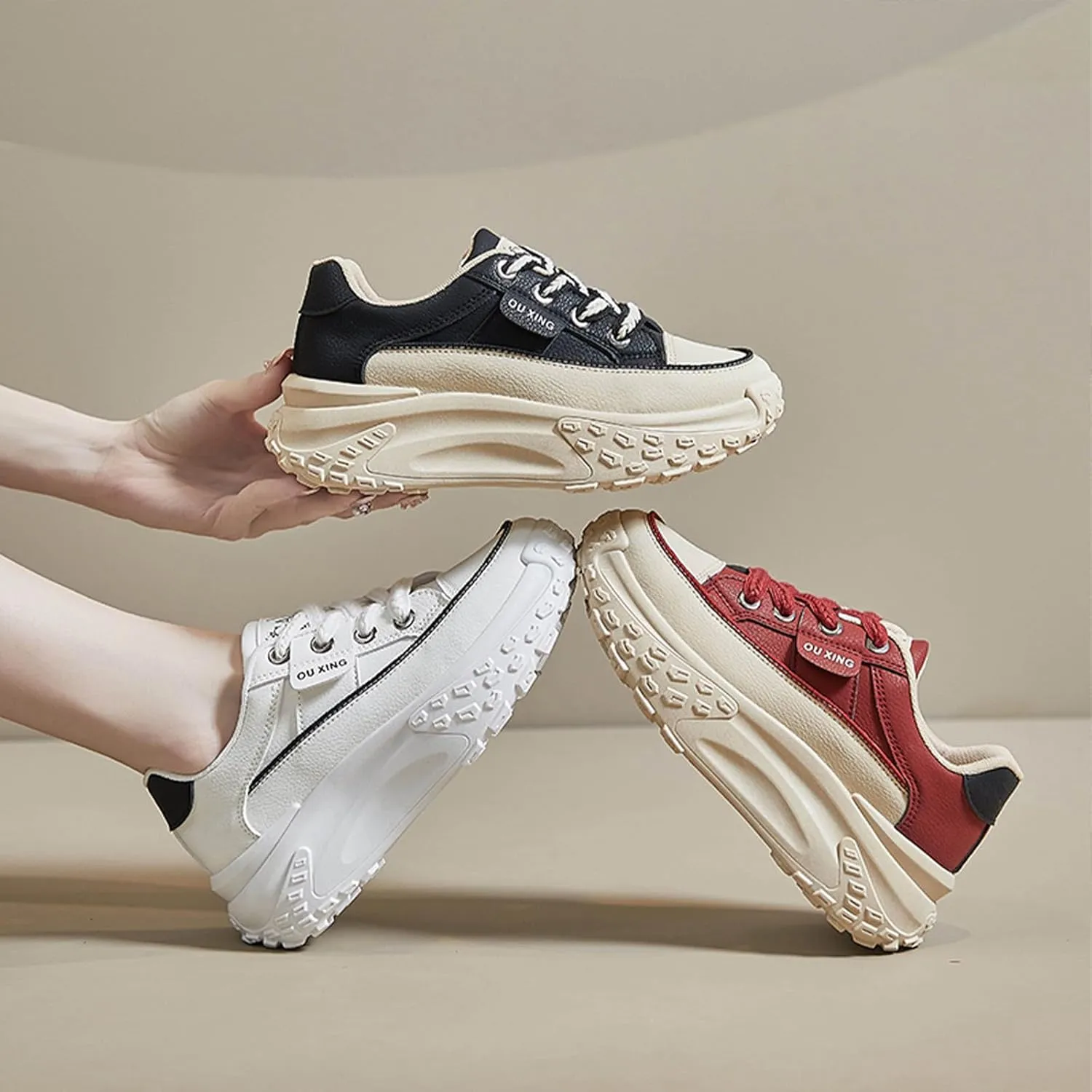 Women's Leather Platform Increasing Sneakers Fashion Chunky Lace Up Low Top Sports Trainers High Top Casual Non-Slip Walking Dad Shoes