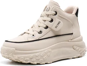 Women's Leather Platform Increasing Sneakers Fashion Chunky Lace Up Low Top Sports Trainers High Top Casual Non-Slip Walking Dad Shoes