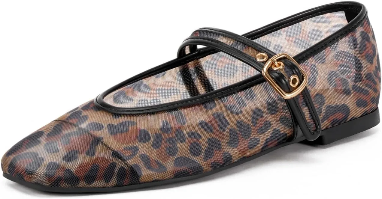 Women's Leopard Print Mesh Ballet Flats - Square Toe Mary Jane Buckle Shoes for Dress