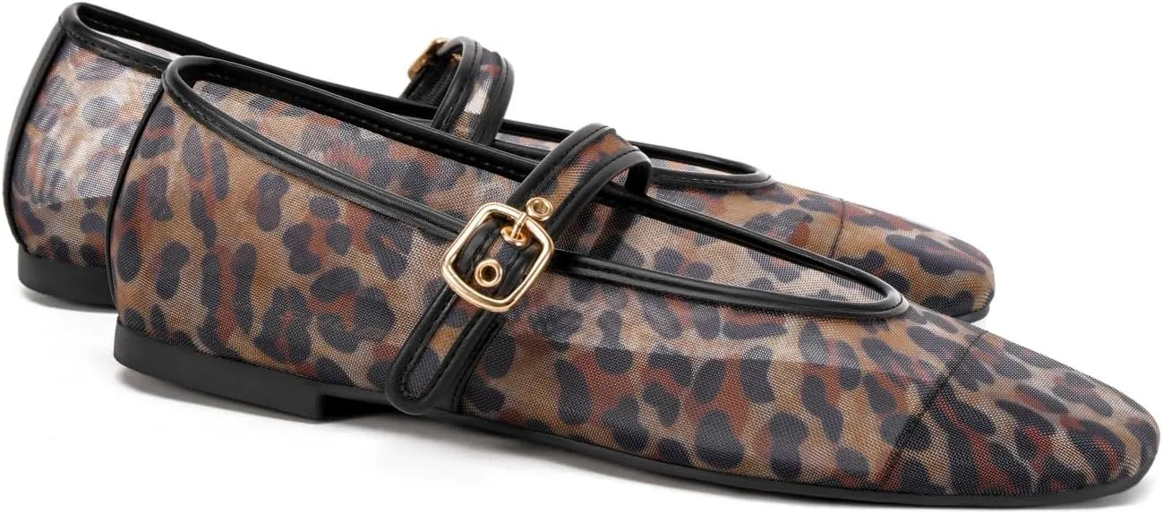 Women's Leopard Print Mesh Ballet Flats - Square Toe Mary Jane Buckle Shoes for Dress