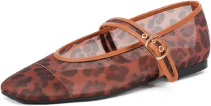 Women's Leopard Print Mesh Ballet Flats - Square Toe Mary Jane Buckle Shoes for Dress
