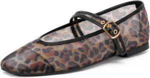 Women's Leopard Print Mesh Ballet Flats - Square Toe Mary Jane Buckle Shoes for Dress