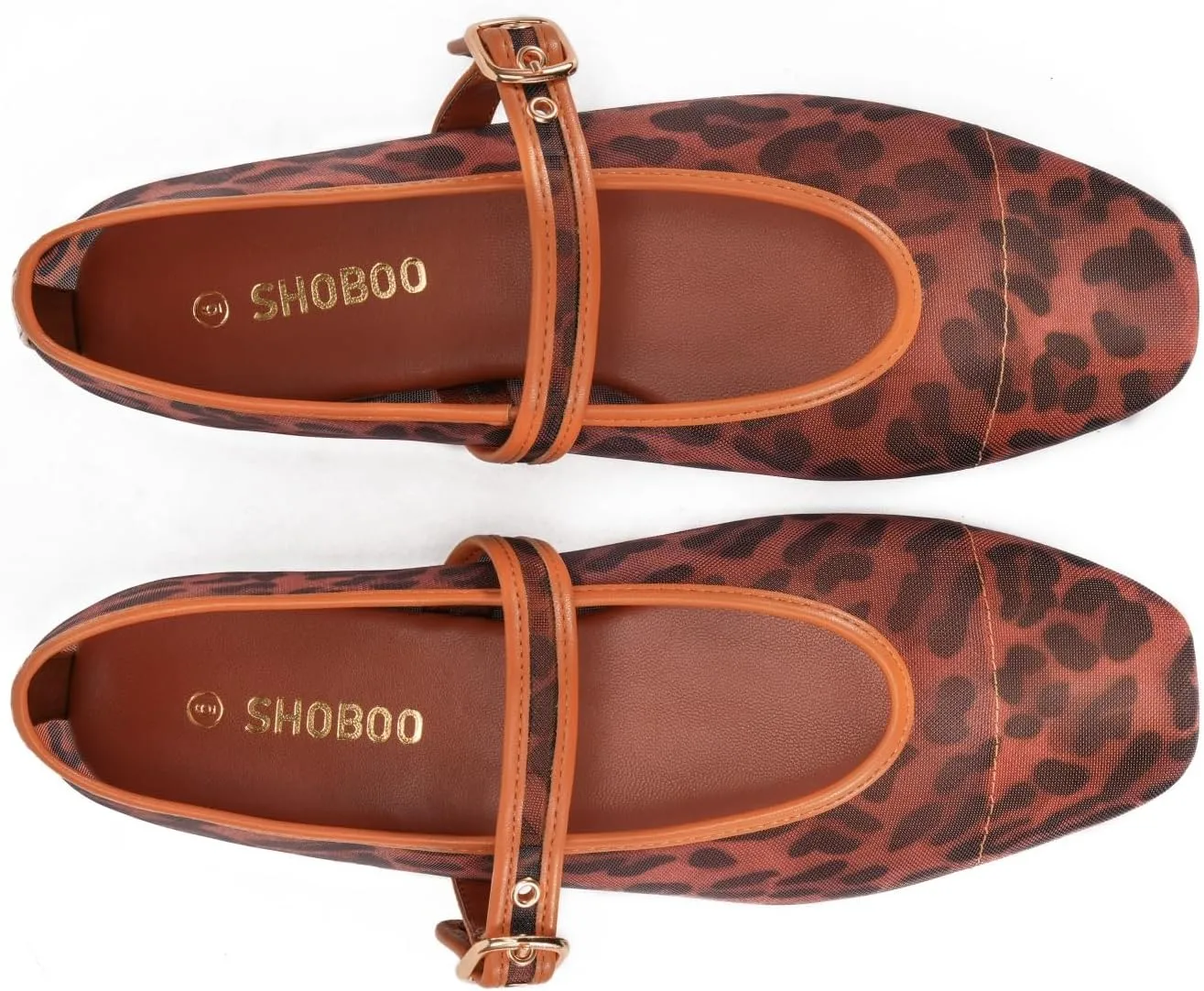 Women's Leopard Print Mesh Ballet Flats - Square Toe Mary Jane Buckle Shoes for Dress