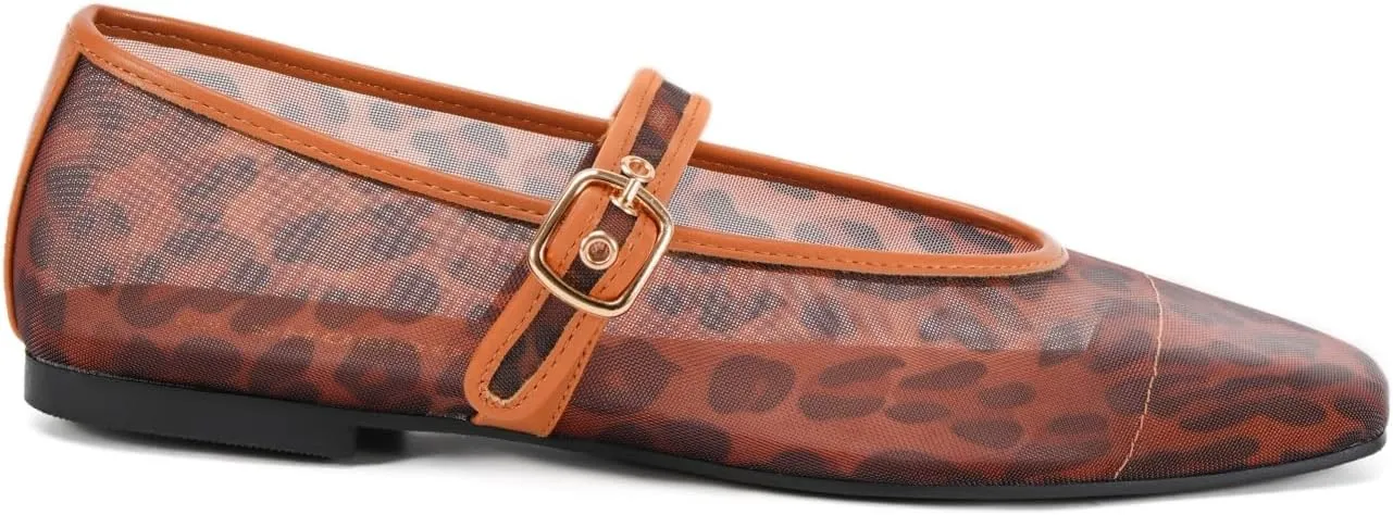Women's Leopard Print Mesh Ballet Flats - Square Toe Mary Jane Buckle Shoes for Dress