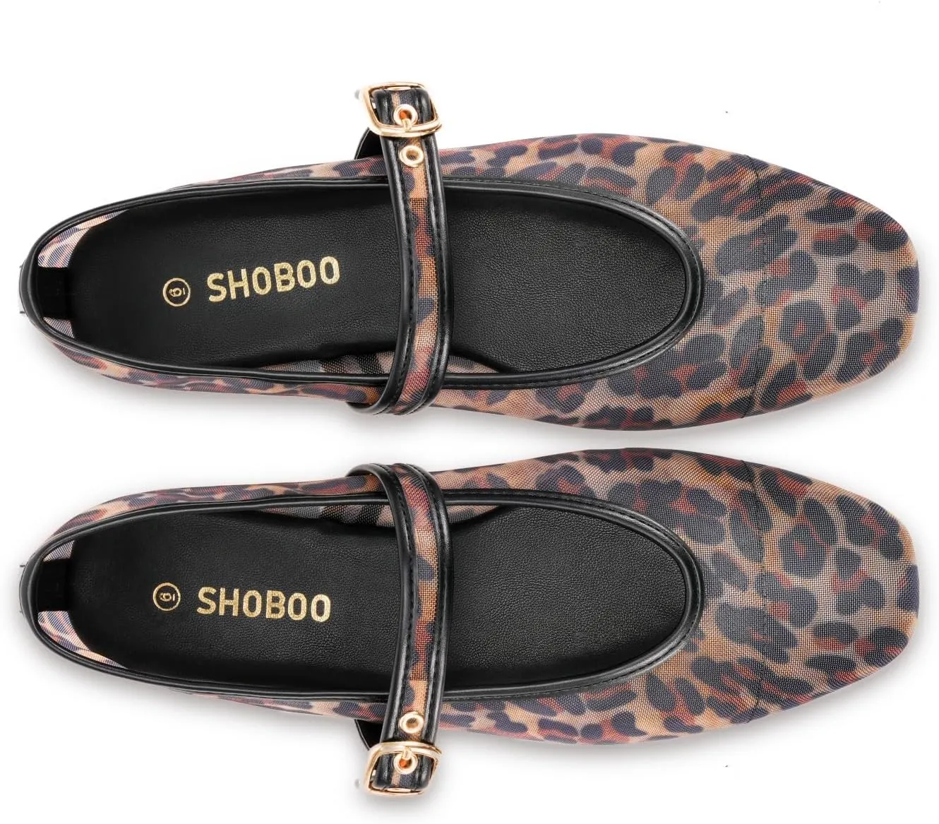 Women's Leopard Print Mesh Ballet Flats - Square Toe Mary Jane Buckle Shoes for Dress