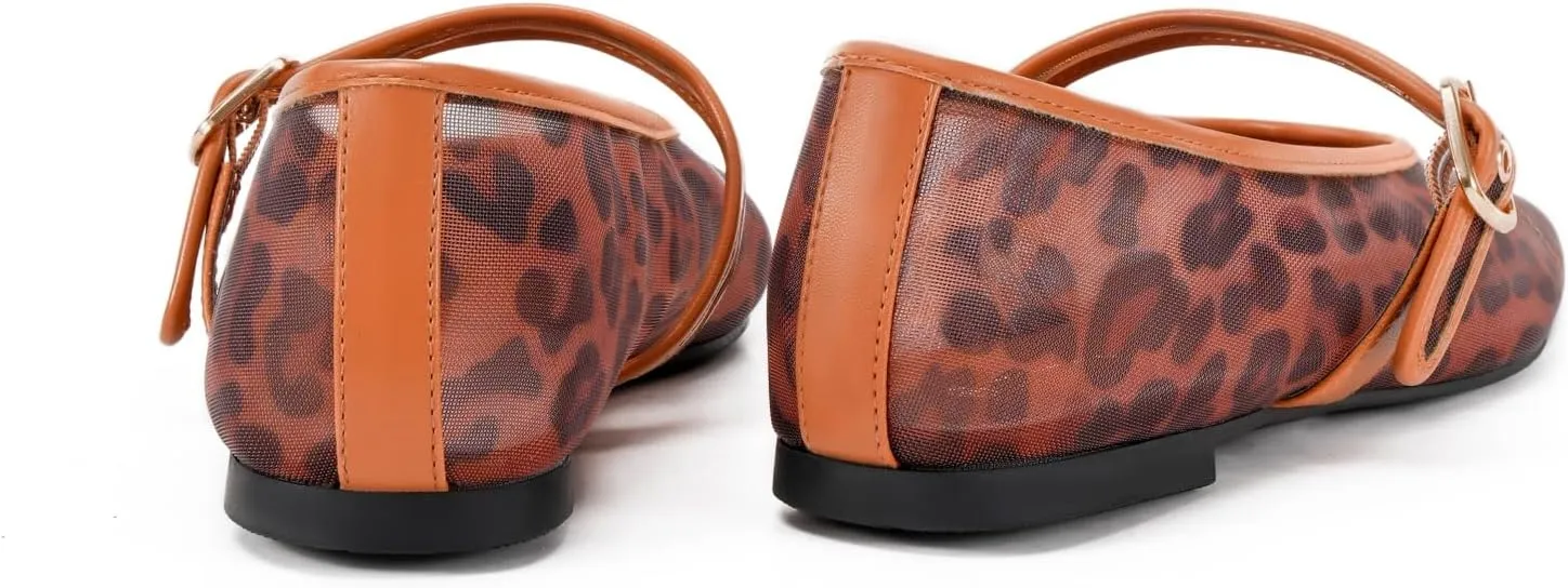 Women's Leopard Print Mesh Ballet Flats - Square Toe Mary Jane Buckle Shoes for Dress