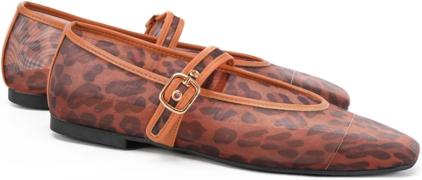 Women's Leopard Print Mesh Ballet Flats - Square Toe Mary Jane Buckle Shoes for Dress
