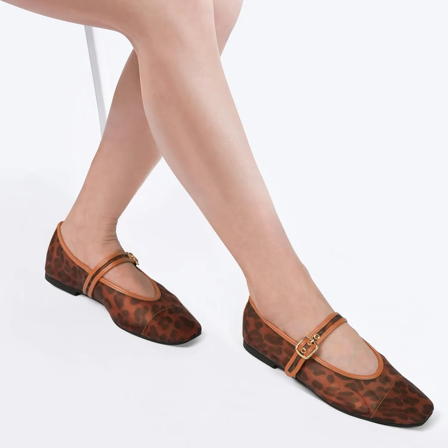 Women's Leopard Print Mesh Ballet Flats - Square Toe Mary Jane Buckle Shoes for Dress