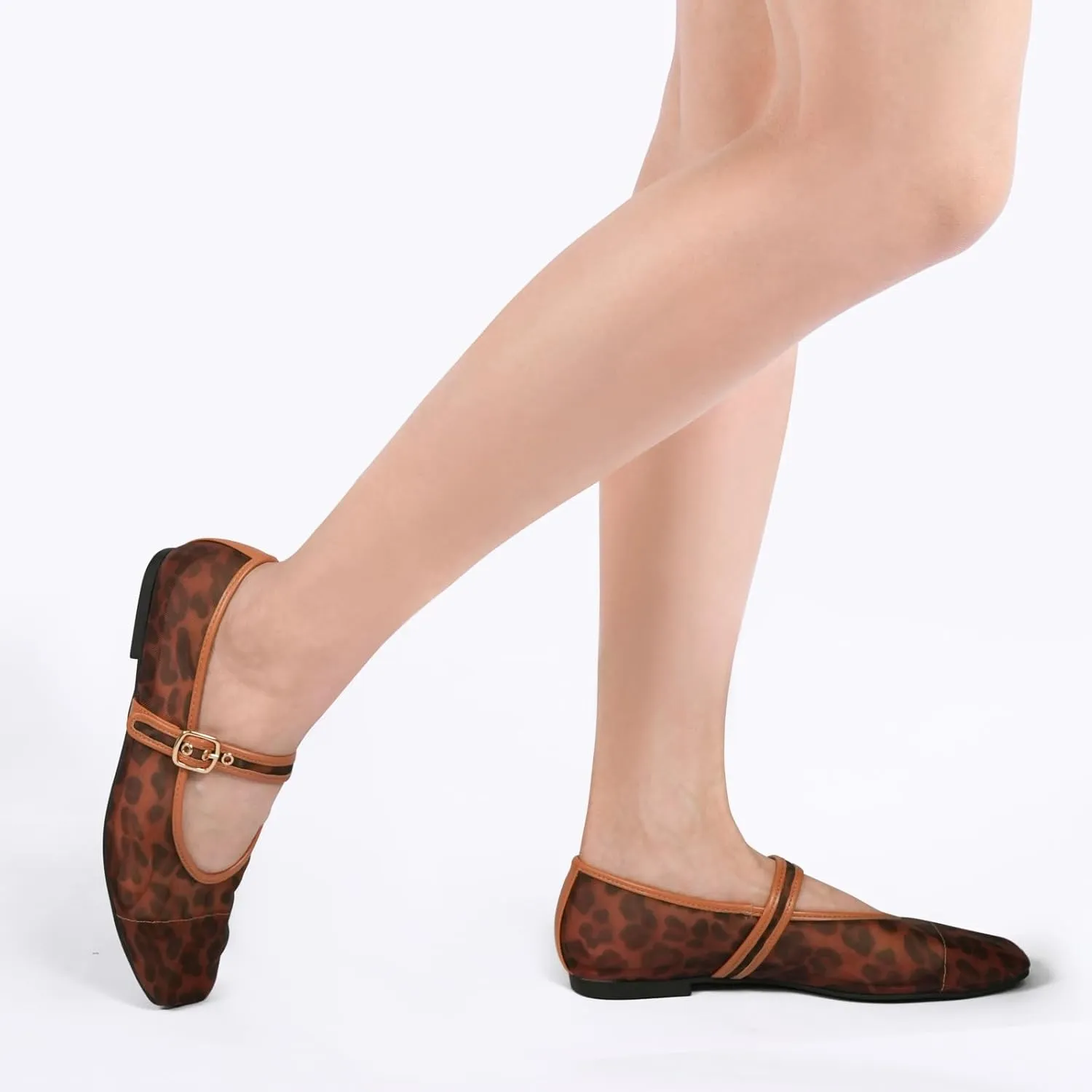Women's Leopard Print Mesh Ballet Flats - Square Toe Mary Jane Buckle Shoes for Dress