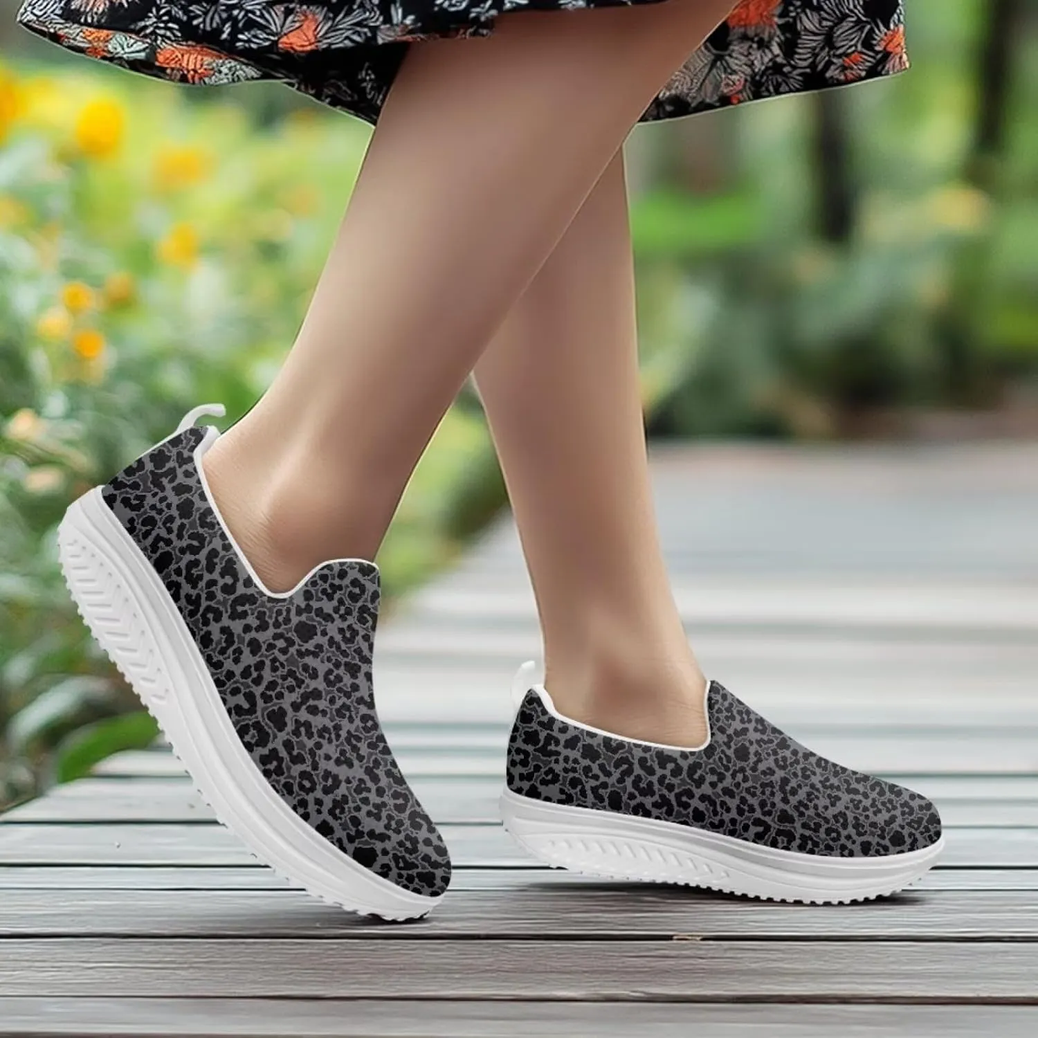 Women‘s Leopard Print Platform Loafers Lightweight Mesh Shoes Walking Jogging Sneakers Anti Skid