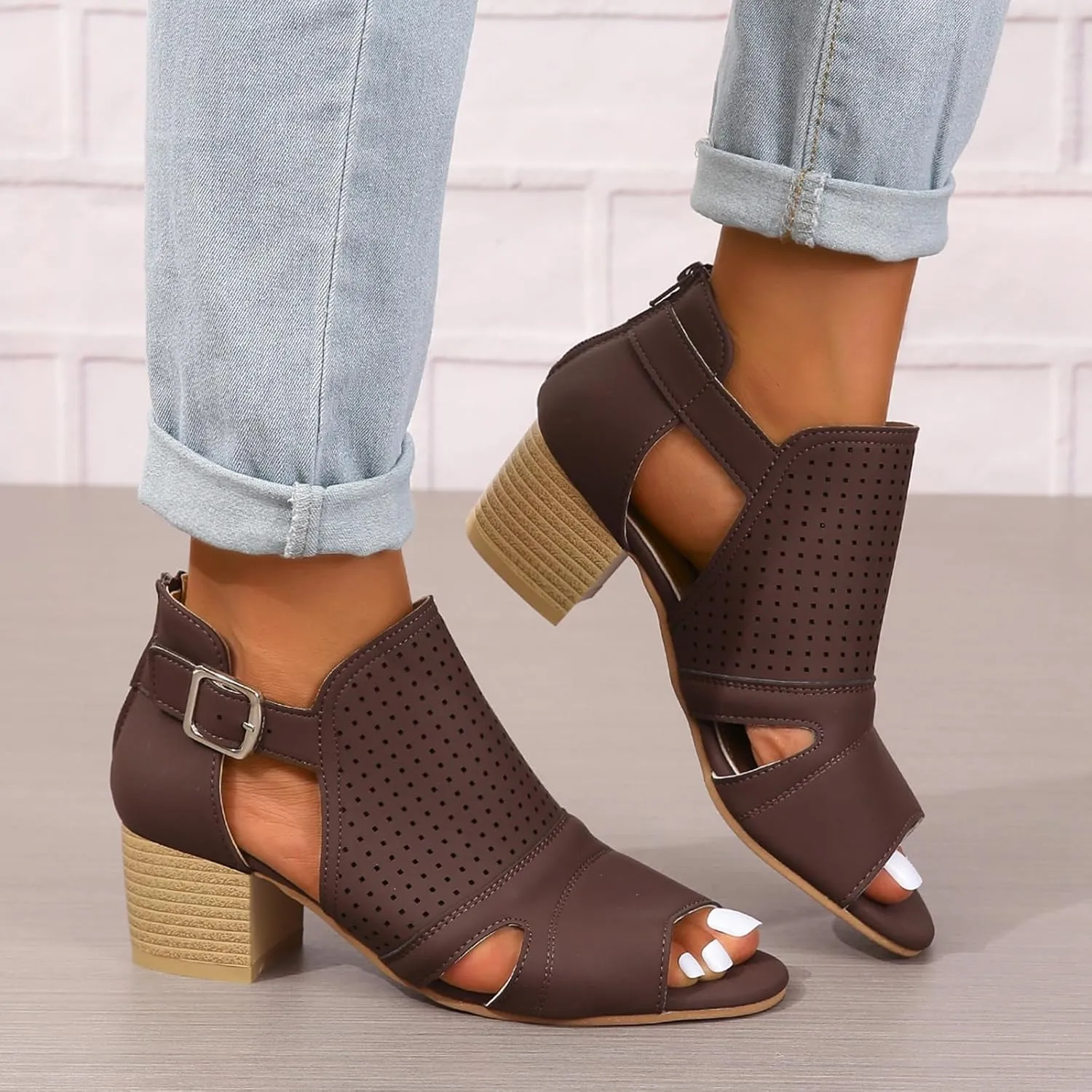 Women's Low Ankle Heel Bootie Cut Out Slip On Low Heel Short Chunky Stacked Heel Perforated Western Booties Cutout Shoes