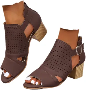 Women's Low Ankle Heel Bootie Cut Out Slip On Low Heel Short Chunky Stacked Heel Perforated Western Booties Cutout Shoes