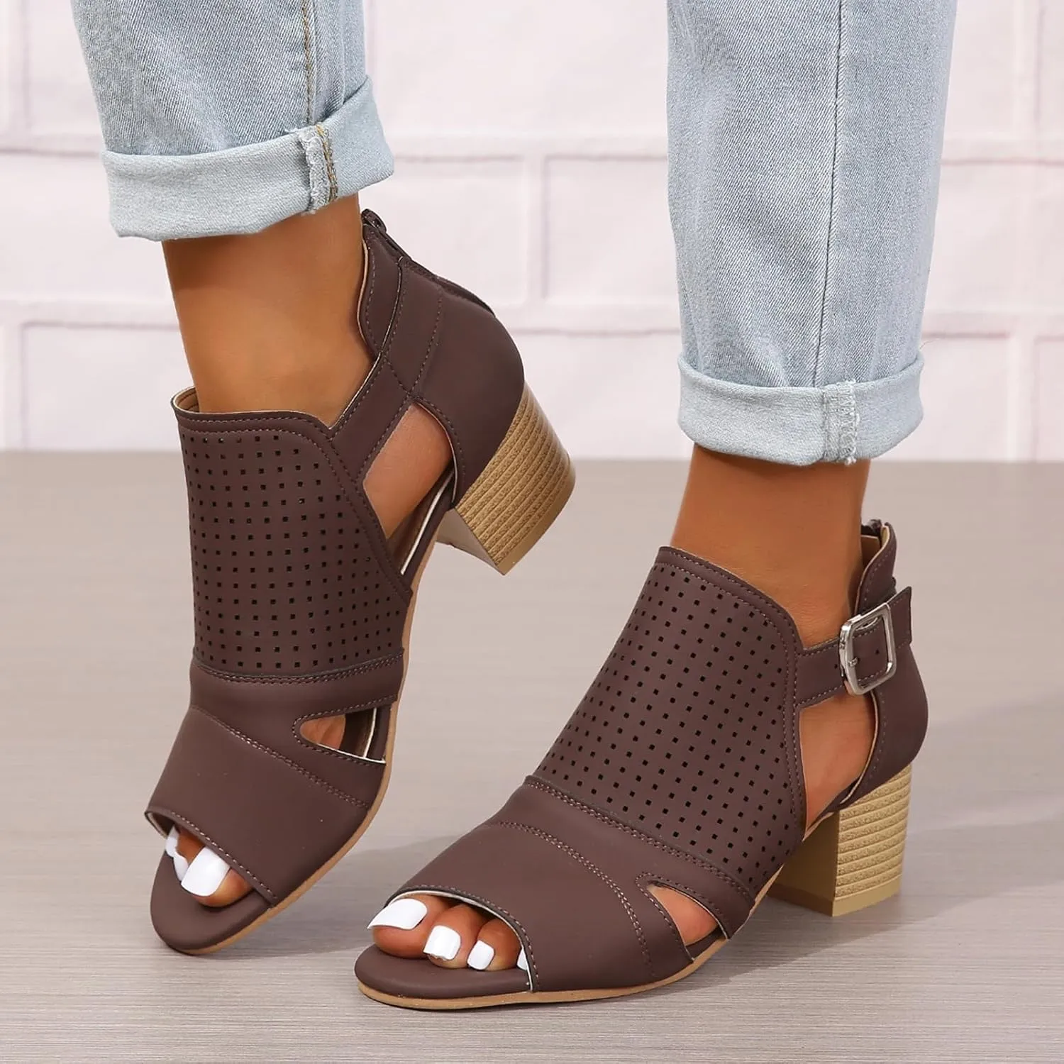 Women's Low Ankle Heel Bootie Cut Out Slip On Low Heel Short Chunky Stacked Heel Perforated Western Booties Cutout Shoes
