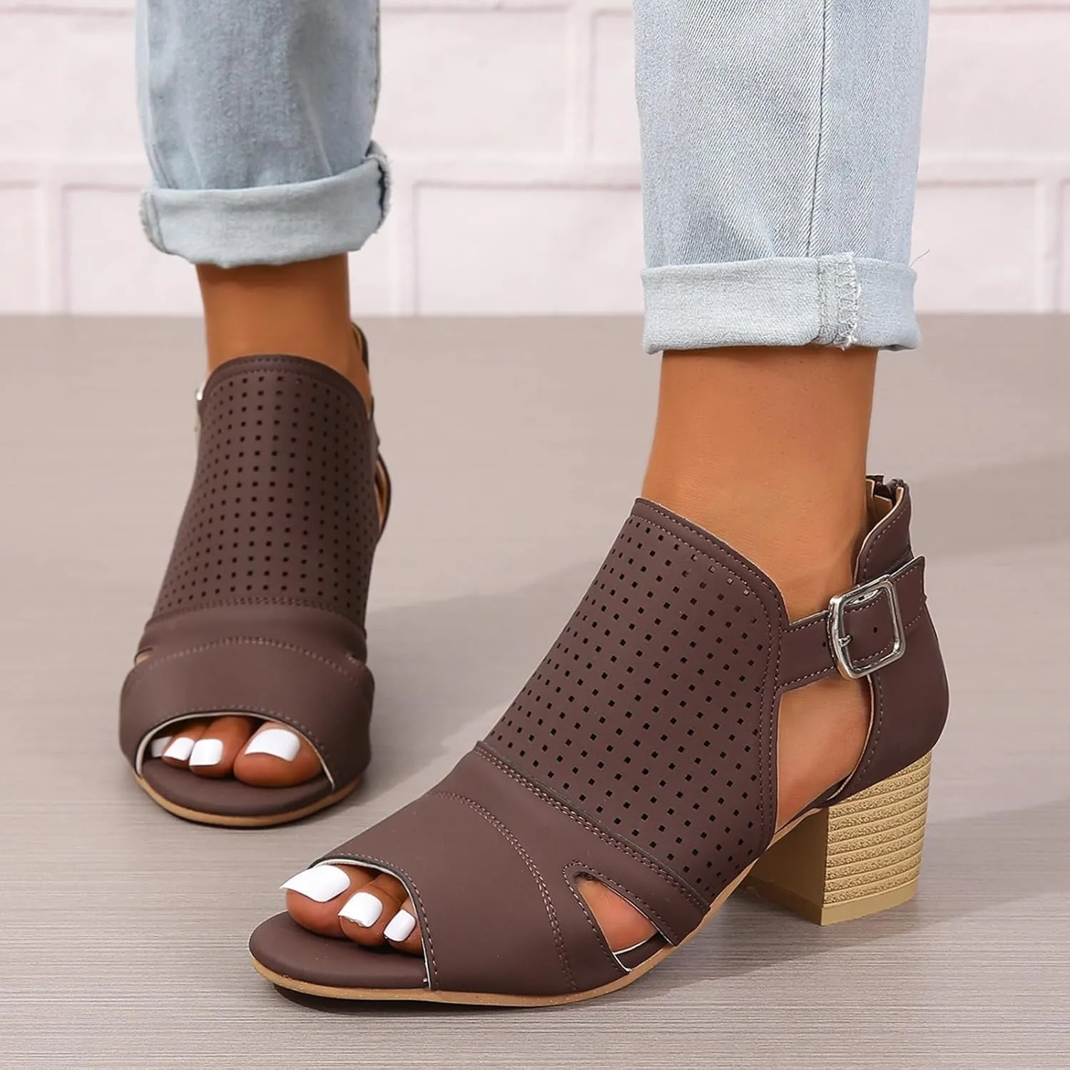 Women's Low Ankle Heel Bootie Cut Out Slip On Low Heel Short Chunky Stacked Heel Perforated Western Booties Cutout Shoes