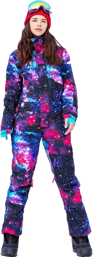 Womens One Piece Ski Suit Colorful Jumpsuits Snowboard Snowsuits Winter Outdoor Waterproof for Snow Sports