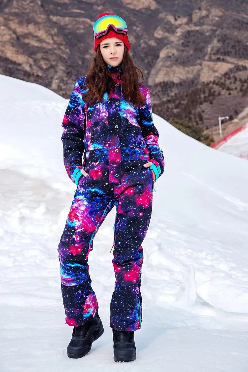 Womens One Piece Ski Suit Colorful Jumpsuits Snowboard Snowsuits Winter Outdoor Waterproof for Snow Sports