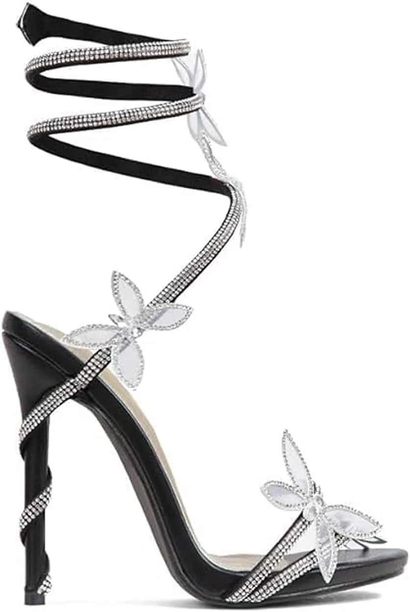 Women's Open Toe High Heel Rhinestone Lace Up Sandals