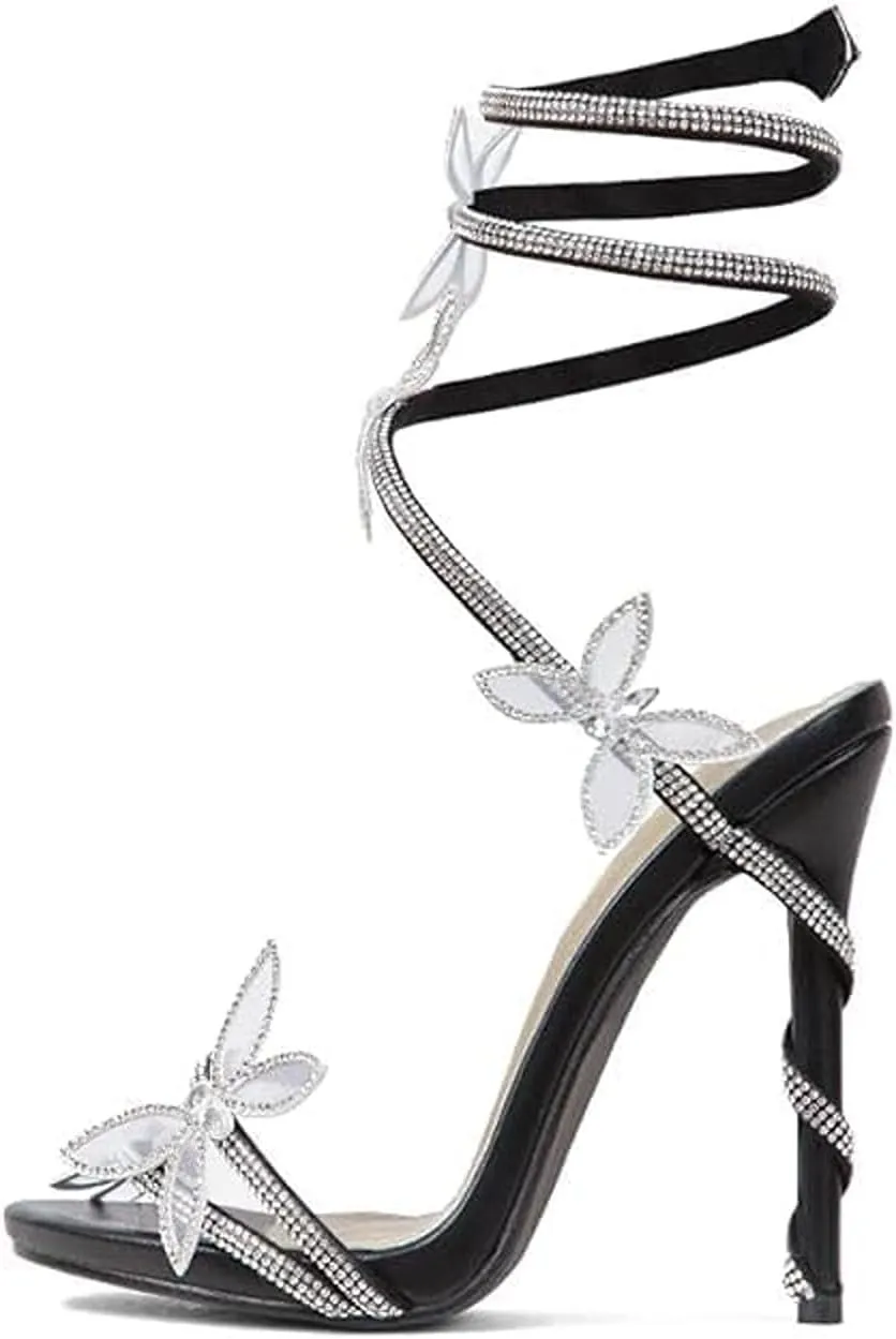Women's Open Toe High Heel Rhinestone Lace Up Sandals