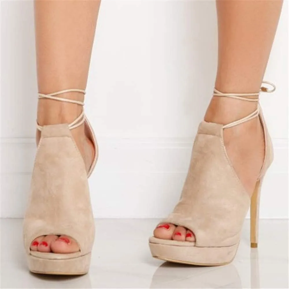 Womens Peep Toe Platform Heels Sexy Sandals Strappy Lace Up Tie Stilettos Dress Pumps Shoes