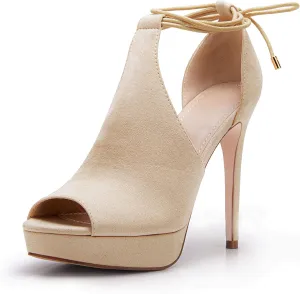 Womens Peep Toe Platform Heels Sexy Sandals Strappy Lace Up Tie Stilettos Dress Pumps Shoes