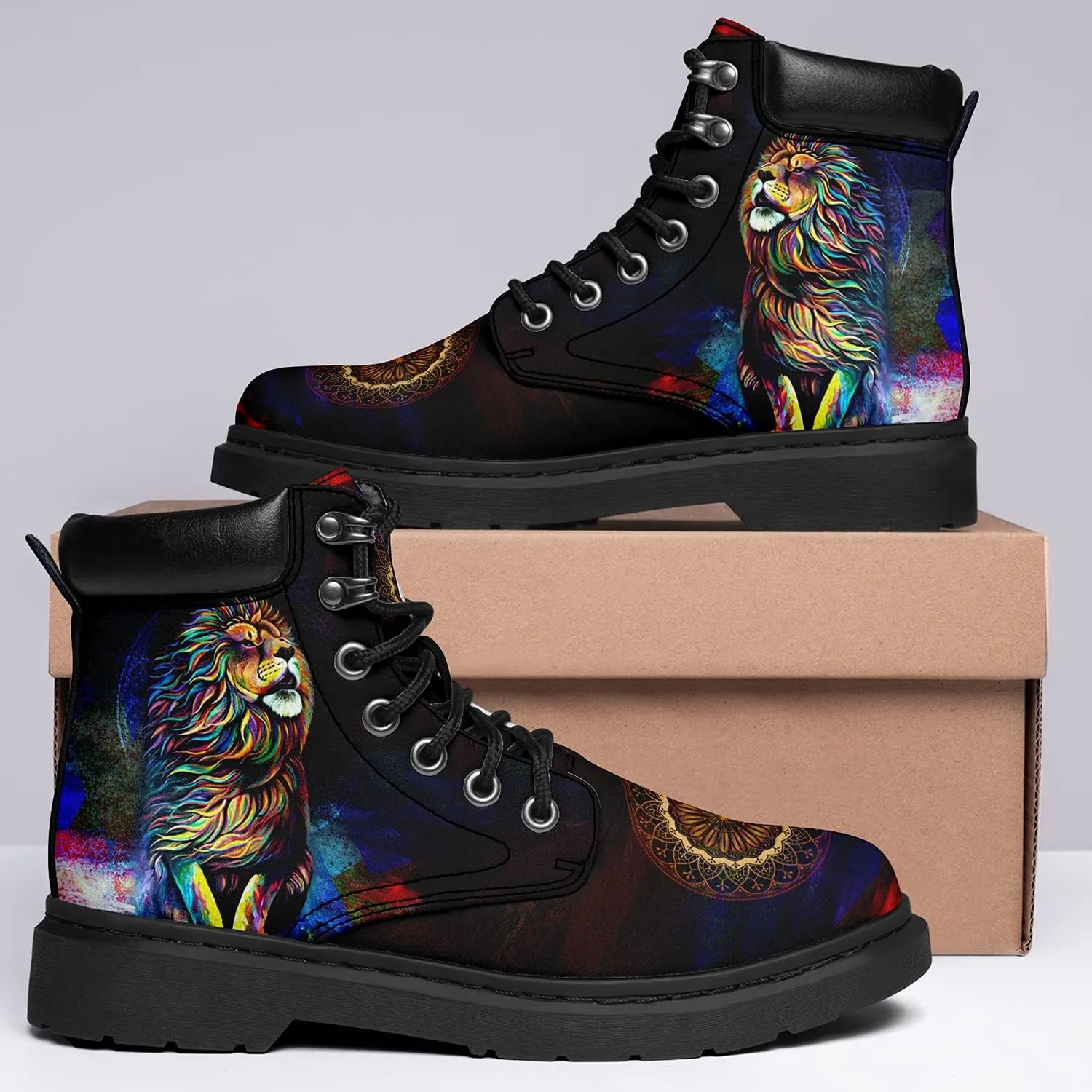 Women's Pet Print Classic Boots Low Heel Ankle Booties Lace-Up Fashionable Combat Boots