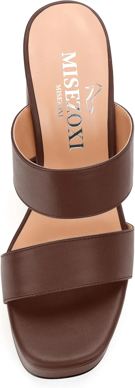 Womens Platform Chunky Heels Sandals Square Open Toe High Heeled Sandals Slip On Slides Dress Party Wedding Shoes