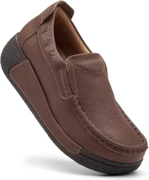 Women's Platform Leather Loafer Dress Walking Slip-On Comfort Chunky Work Shoes