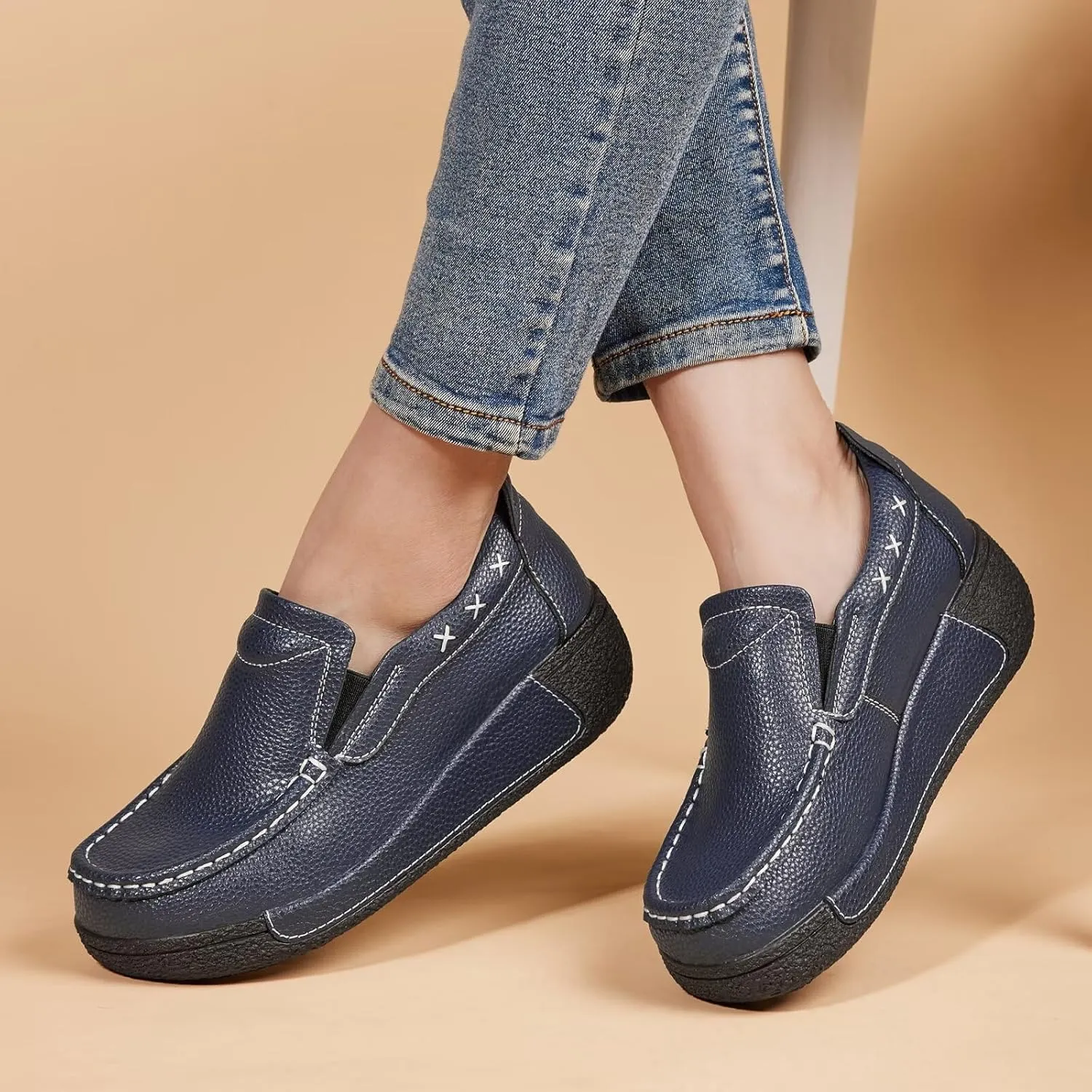 Women's Platform Leather Loafer Dress Walking Slip-On Comfort Chunky Work Shoes