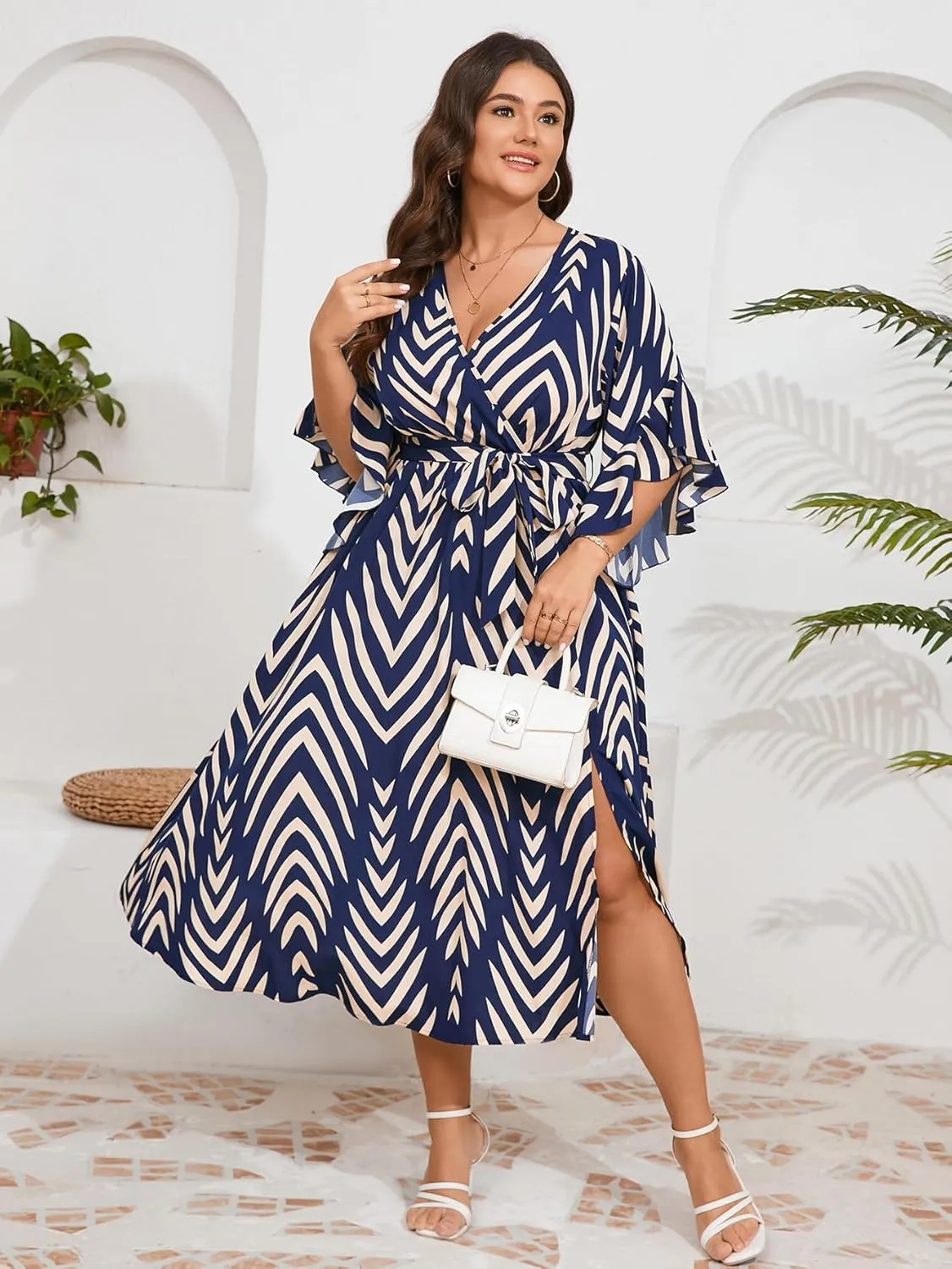 Womens Plus Size Dress Wedding Guest Cocktail Ruffle Half Sleeve Wrap V Neck Slit A Line Maxi Dresses with Belt