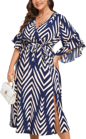 Womens Plus Size Dress Wedding Guest Cocktail Ruffle Half Sleeve Wrap V Neck Slit A Line Maxi Dresses with Belt
