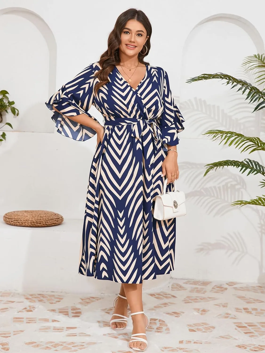 Womens Plus Size Dress Wedding Guest Cocktail Ruffle Half Sleeve Wrap V Neck Slit A Line Maxi Dresses with Belt