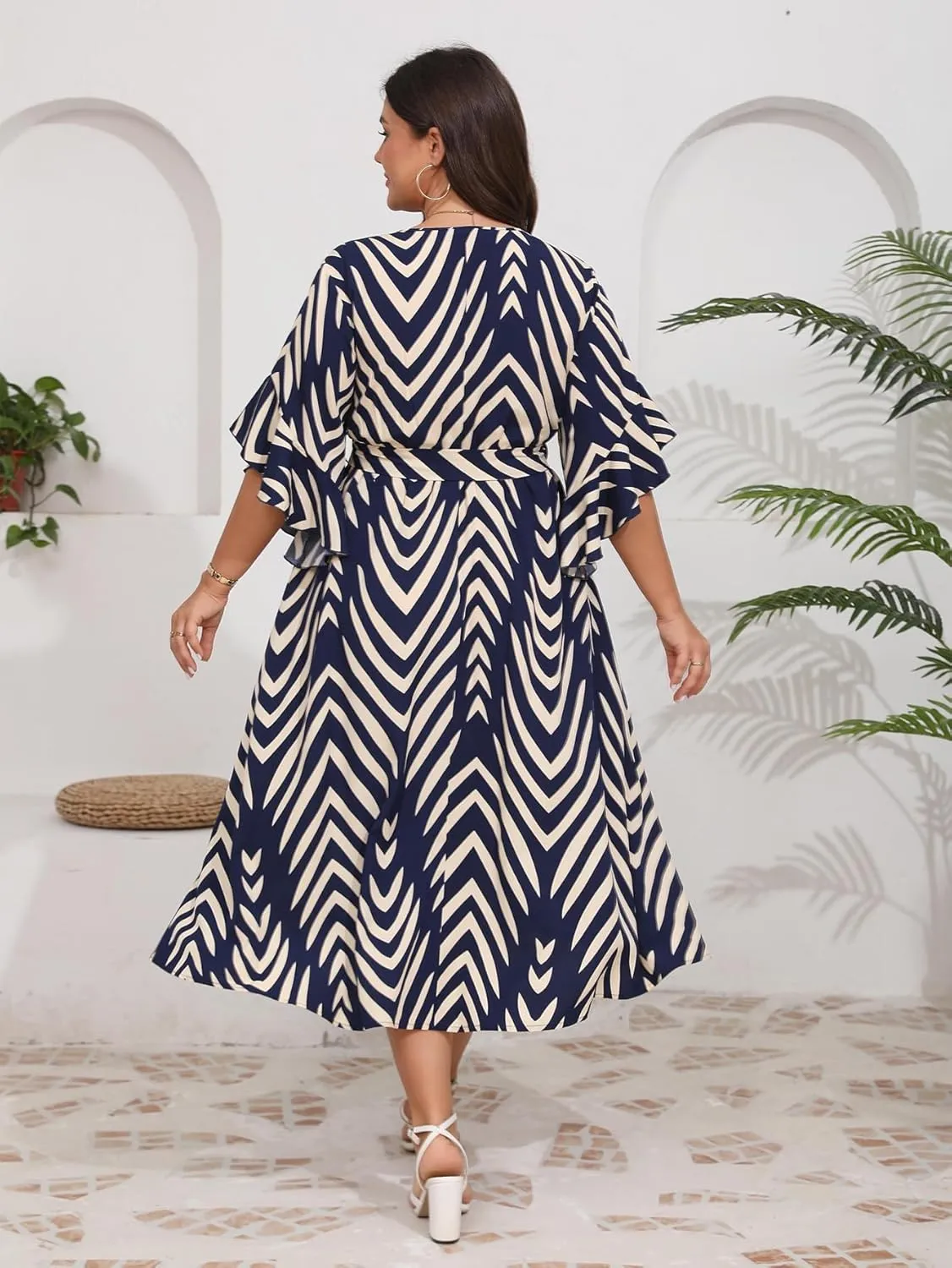 Womens Plus Size Dress Wedding Guest Cocktail Ruffle Half Sleeve Wrap V Neck Slit A Line Maxi Dresses with Belt
