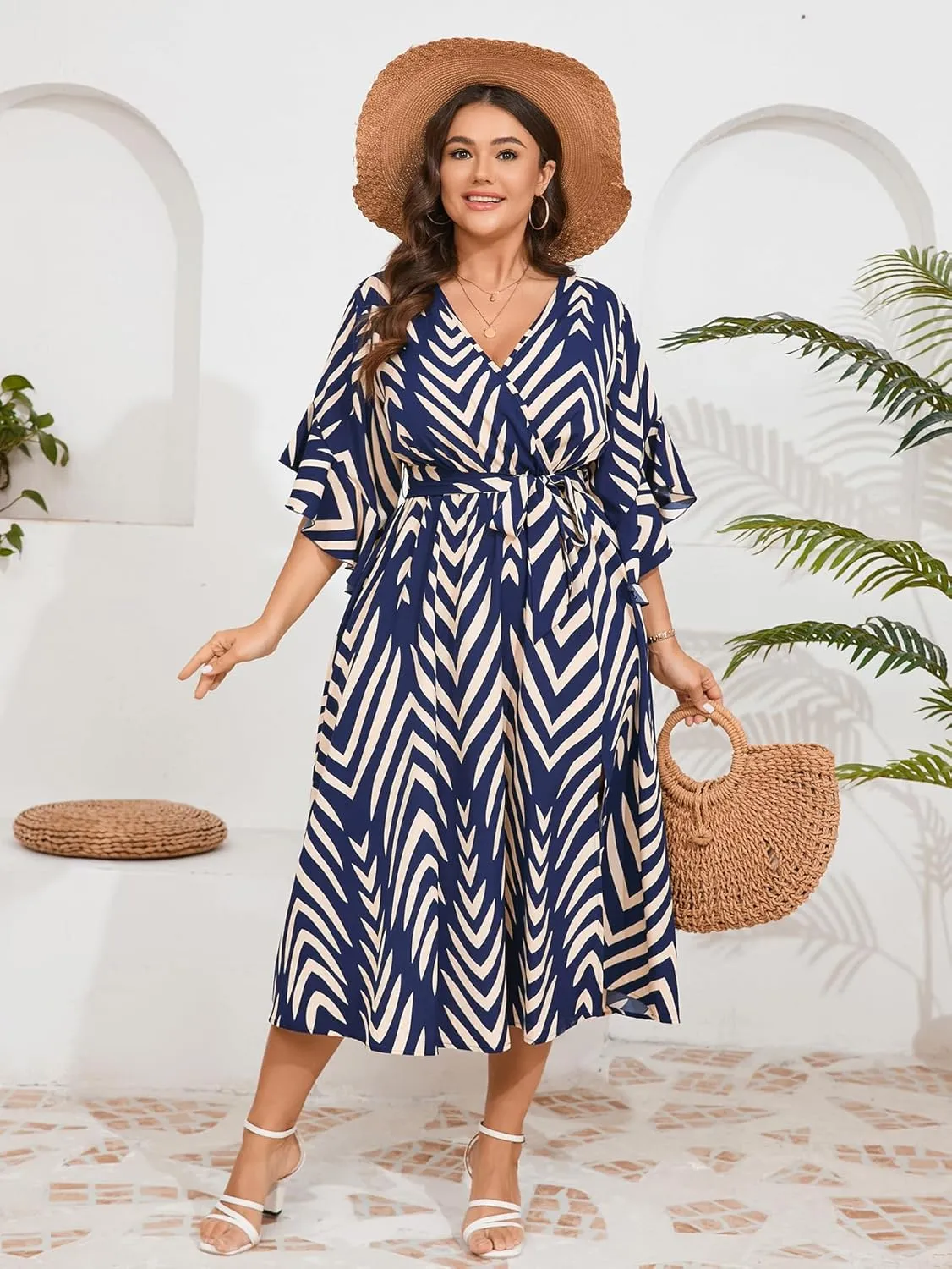 Womens Plus Size Dress Wedding Guest Cocktail Ruffle Half Sleeve Wrap V Neck Slit A Line Maxi Dresses with Belt