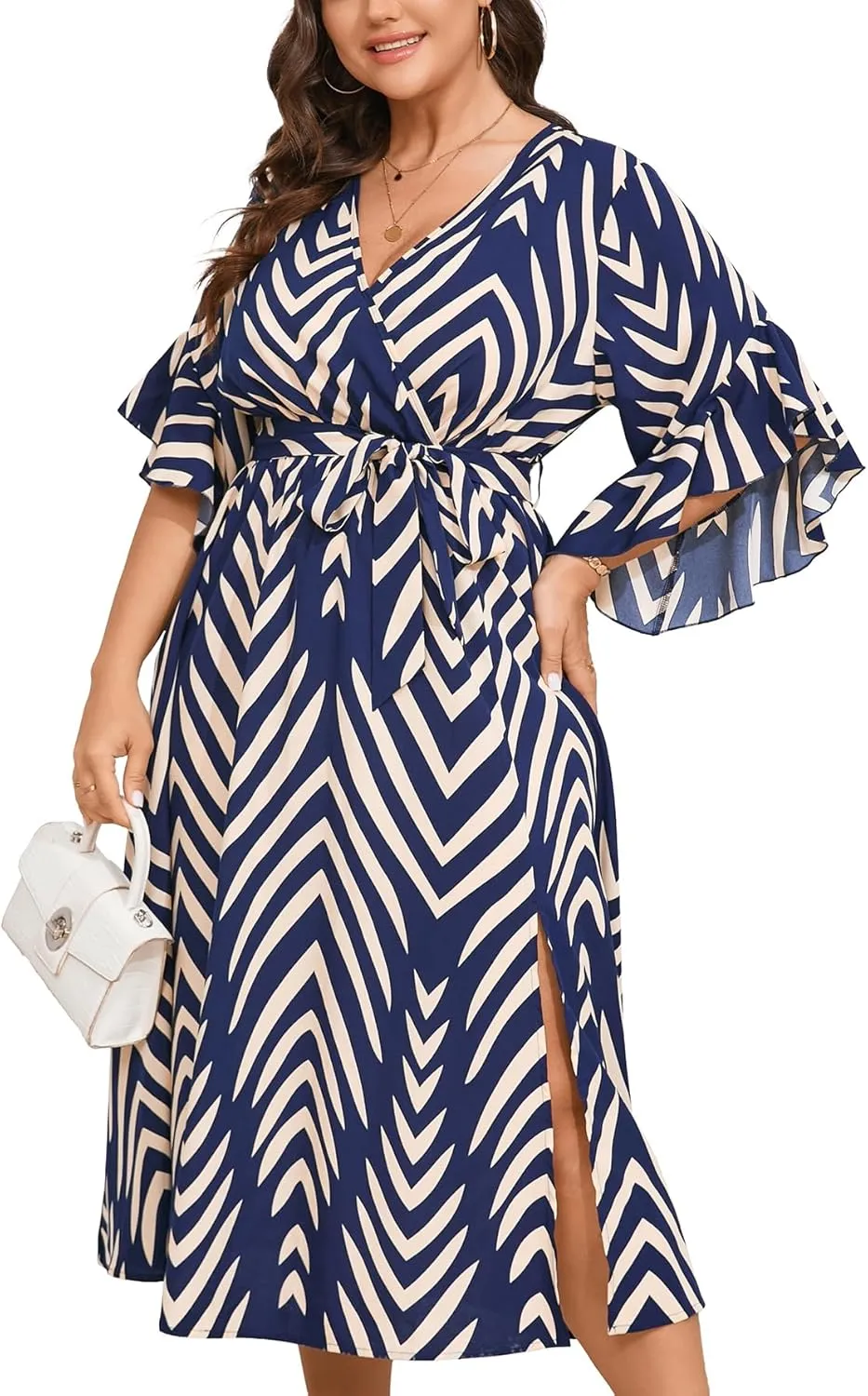 Womens Plus Size Dress Wedding Guest Cocktail Ruffle Half Sleeve Wrap V Neck Slit A Line Maxi Dresses with Belt