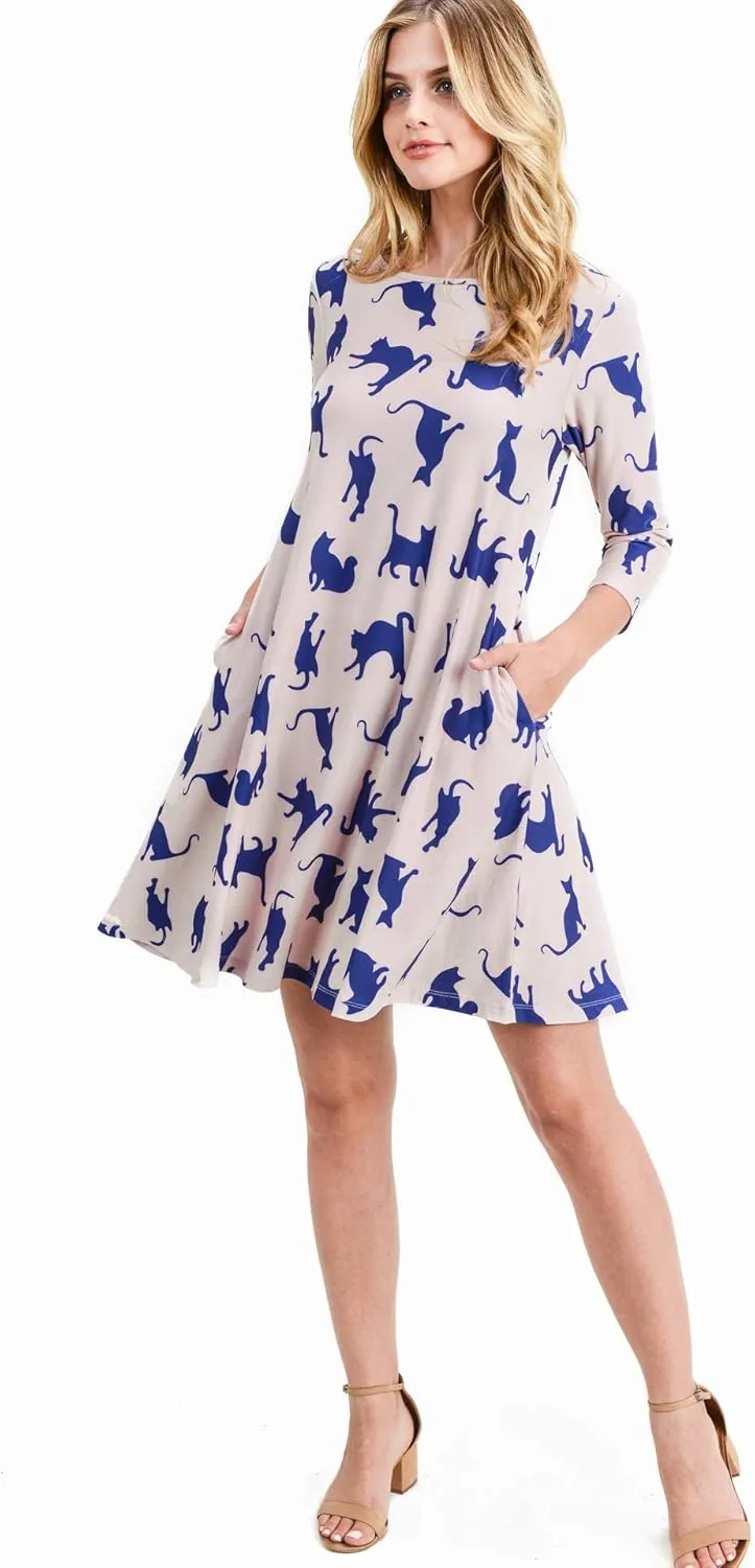 Women’s Printed Crew Neck A-Line Dresses with Pockets Casual Tropical Floral Novelty Animal Christmas Patterns