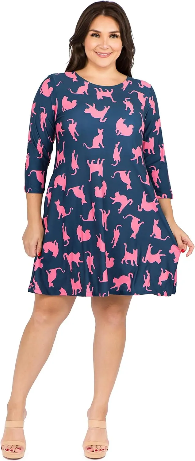 Women’s Printed Crew Neck A-Line Dresses with Pockets Casual Tropical Floral Novelty Animal Christmas Patterns
