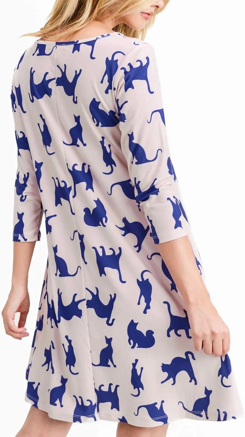 Women’s Printed Crew Neck A-Line Dresses with Pockets Casual Tropical Floral Novelty Animal Christmas Patterns
