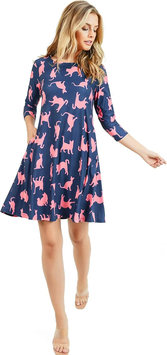 Women’s Printed Crew Neck A-Line Dresses with Pockets Casual Tropical Floral Novelty Animal Christmas Patterns