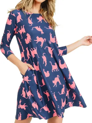 Women’s Printed Crew Neck A-Line Dresses with Pockets Casual Tropical Floral Novelty Animal Christmas Patterns