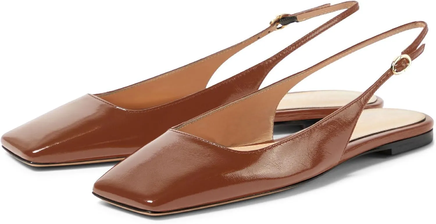 Women's Retro Square Toe Slingback with Buckle Ballet Flats Sexy Backless Patent Dress Flats Closed Toe Evening Prom Work Slingback Flats for Women