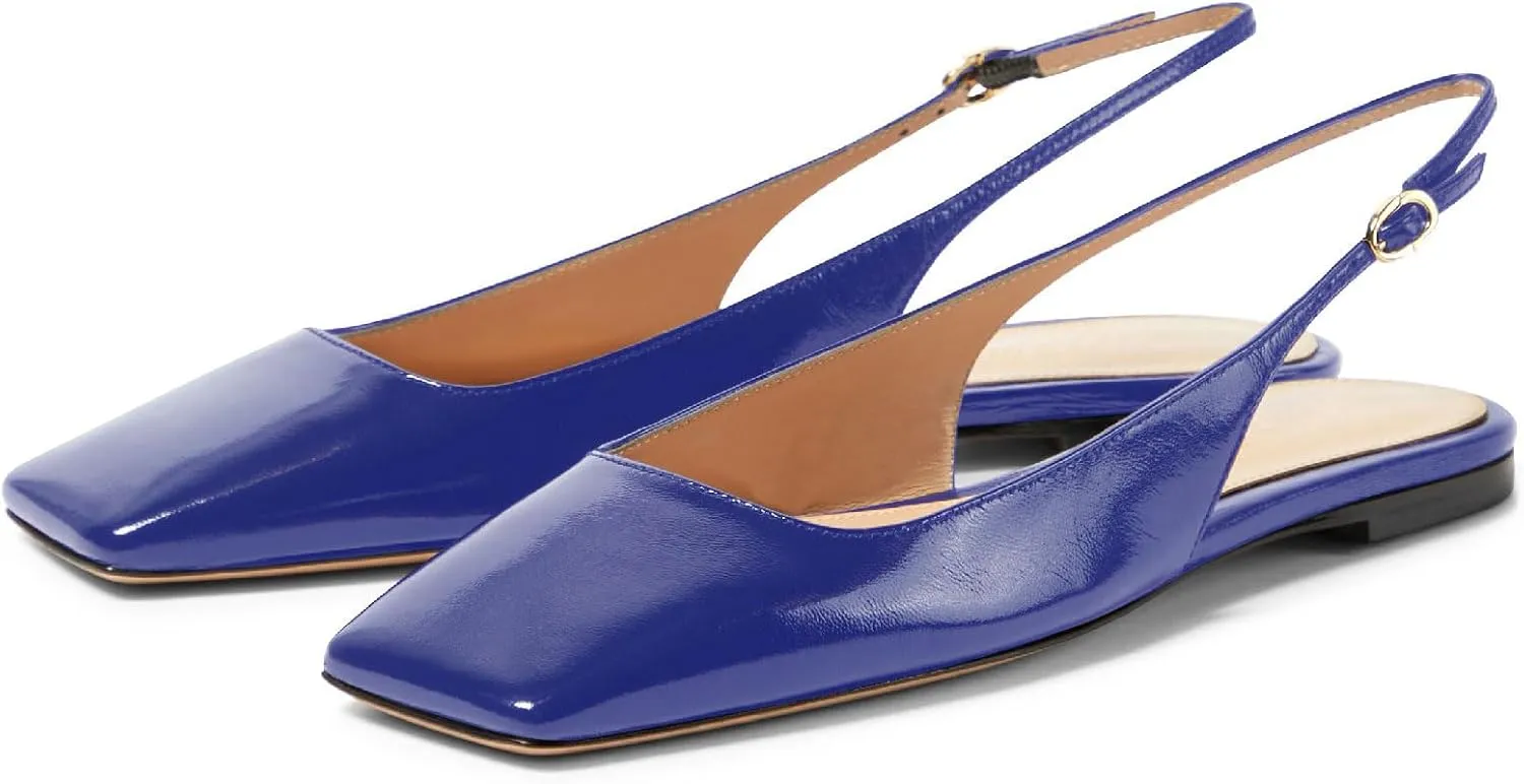 Women's Retro Square Toe Slingback with Buckle Ballet Flats Sexy Backless Patent Dress Flats Closed Toe Evening Prom Work Slingback Flats for Women