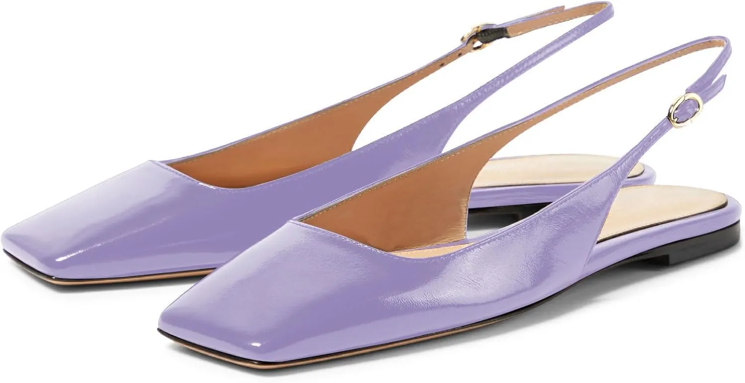 Women's Retro Square Toe Slingback with Buckle Ballet Flats Sexy Backless Patent Dress Flats Closed Toe Evening Prom Work Slingback Flats for Women