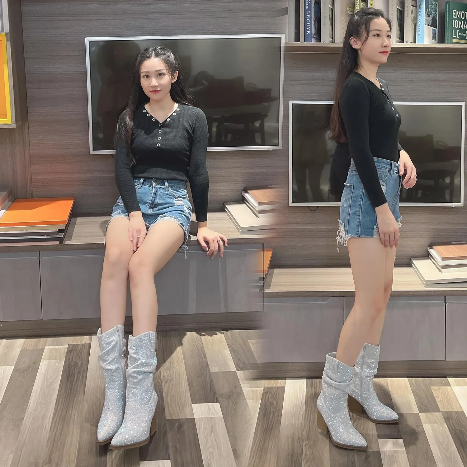 Women's Rhinestone Boots Sparkly Cowboy Booties Chunky Block Heel Pearl Detail Pointed Toe Bridal Wedding Western Studded Ankle Boots Cowgirl Short Boots