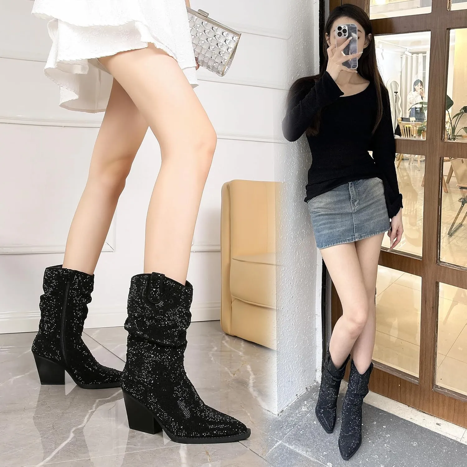Women's Rhinestone Boots Sparkly Cowboy Booties Chunky Block Heel Pearl Detail Pointed Toe Bridal Wedding Western Studded Ankle Boots Cowgirl Short Boots