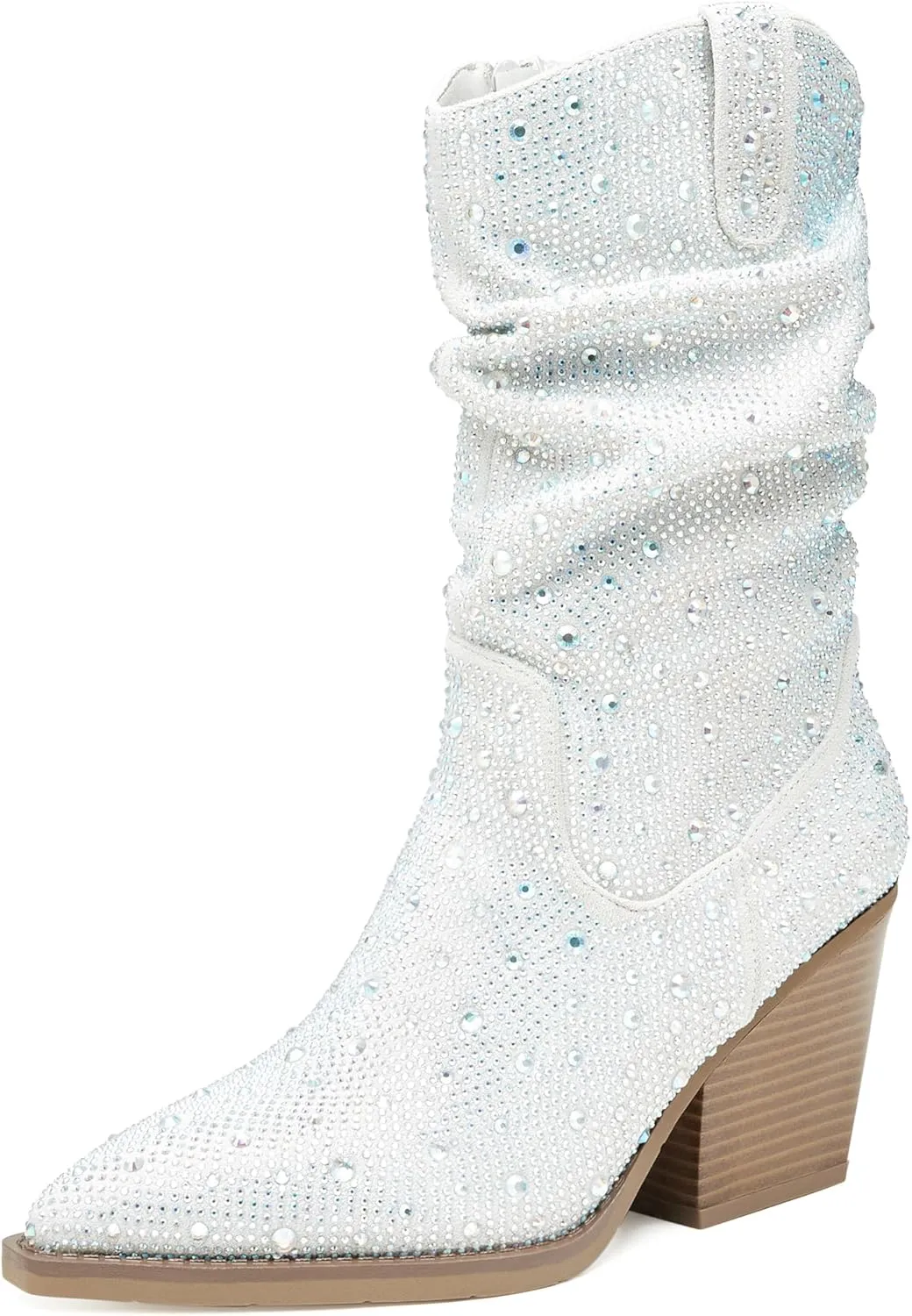 Women's Rhinestone Boots Sparkly Cowboy Booties Chunky Block Heel Pearl Detail Pointed Toe Bridal Wedding Western Studded Ankle Boots Cowgirl Short Boots
