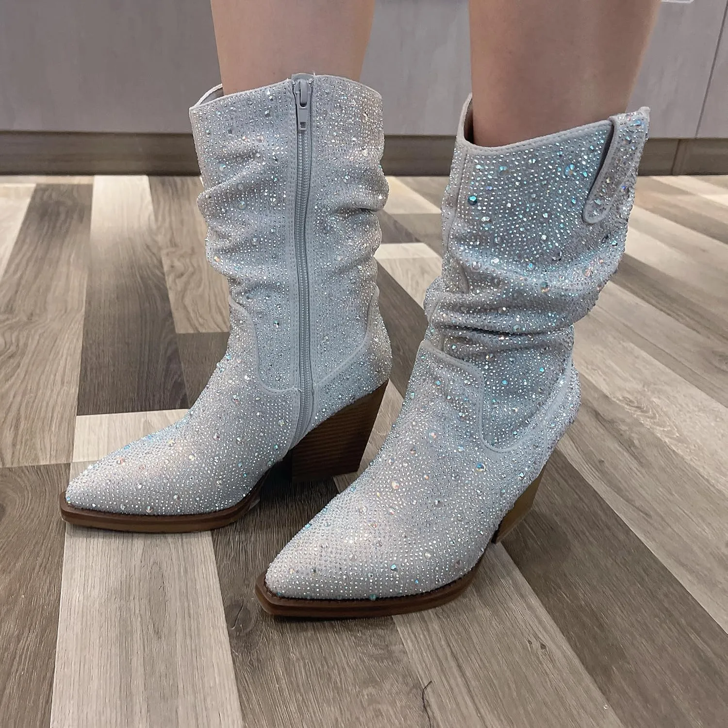 Women's Rhinestone Boots Sparkly Cowboy Booties Chunky Block Heel Pearl Detail Pointed Toe Bridal Wedding Western Studded Ankle Boots Cowgirl Short Boots