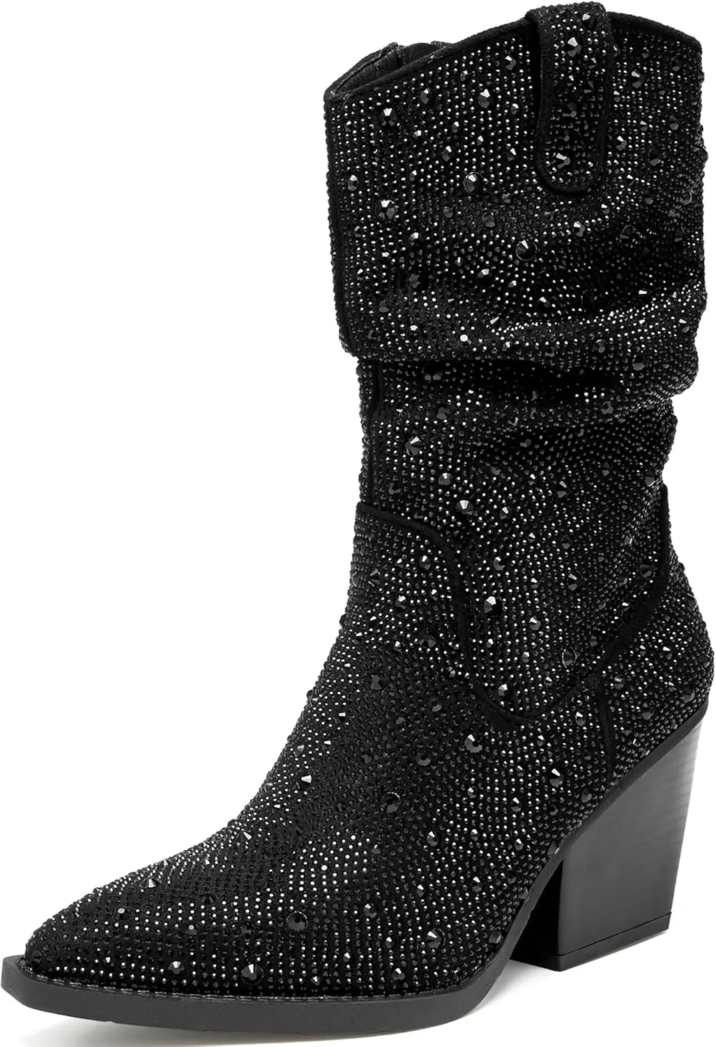 Women's Rhinestone Boots Sparkly Cowboy Booties Chunky Block Heel Pearl Detail Pointed Toe Bridal Wedding Western Studded Ankle Boots Cowgirl Short Boots