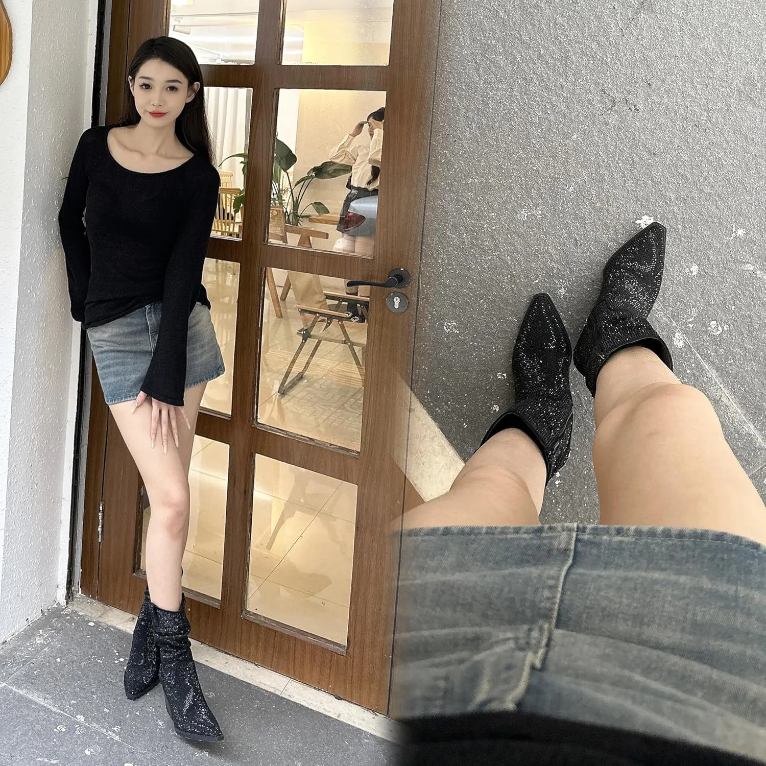 Women's Rhinestone Boots Sparkly Cowboy Booties Chunky Block Heel Pearl Detail Pointed Toe Bridal Wedding Western Studded Ankle Boots Cowgirl Short Boots