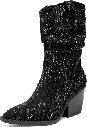 Women's Rhinestone Boots Sparkly Cowboy Booties Chunky Block Heel Pearl Detail Pointed Toe Bridal Wedding Western Studded Ankle Boots Cowgirl Short Boots