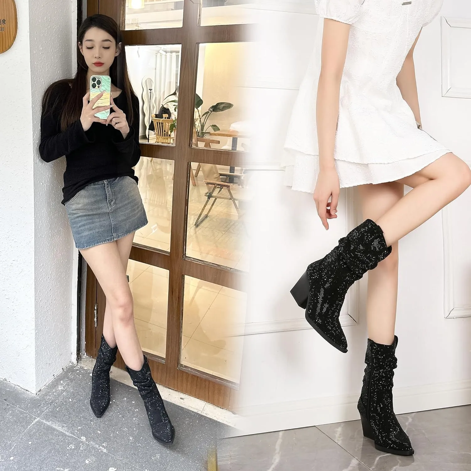 Women's Rhinestone Boots Sparkly Cowboy Booties Chunky Block Heel Pearl Detail Pointed Toe Bridal Wedding Western Studded Ankle Boots Cowgirl Short Boots